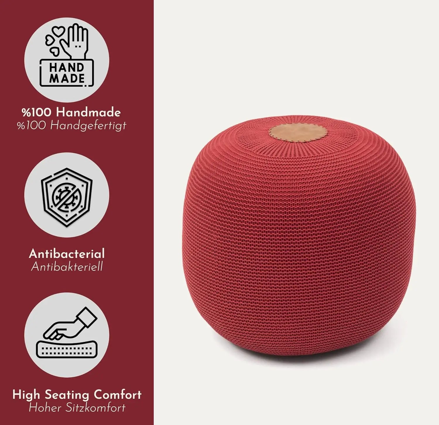 B-Ware Gozos Boho Pouf ø 40 Cm Hocker Sitzsäcke Strick Sitzhocker Rund Polsterhocke Rot - 1