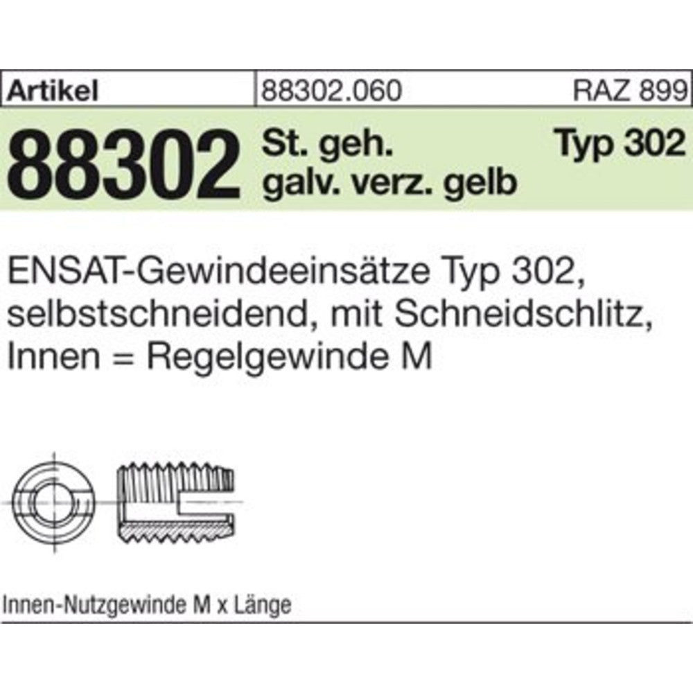 Gewindeeinsatz ENSAT Gewindebuchse Stahl Typ 302 M16x22 galv verzinkt 10 Stück - 4043952673119