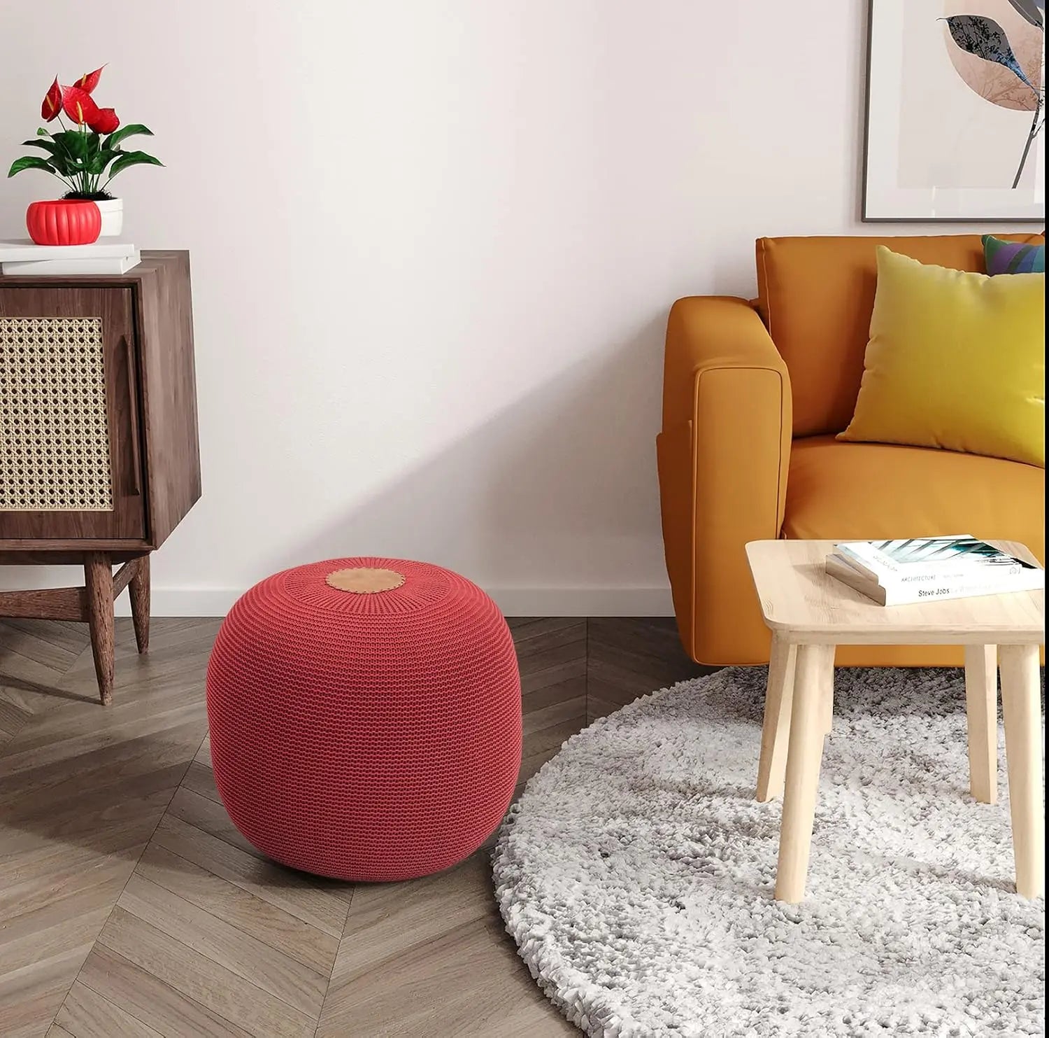 B-Ware Gozos Boho Pouf ø 40 Cm Hocker Sitzsäcke Strick Sitzhocker Rund Polsterhocke Rot - 1