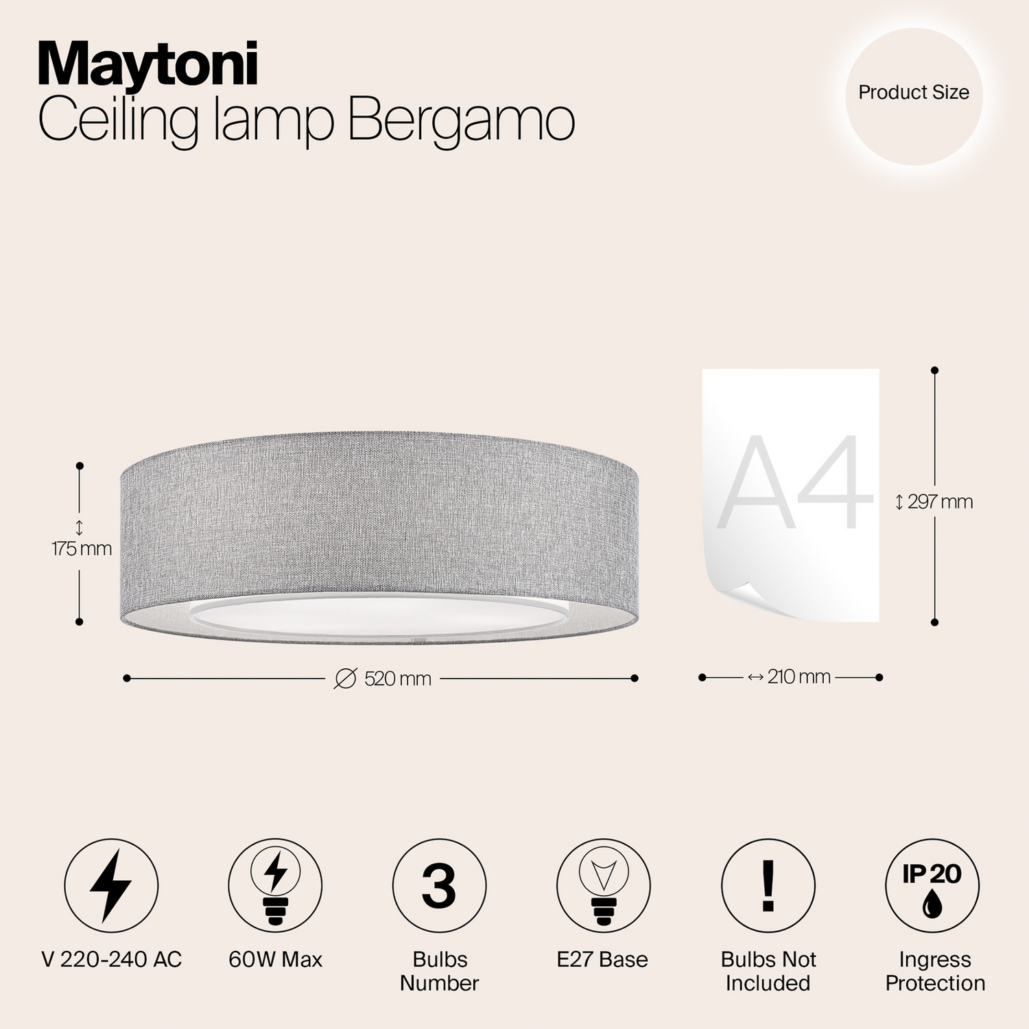 B-Ware Maytoni Deckenleuchte Lampe Bergamo Grau Weiß Leinen Rundleuchte ø 52 Cm - 4251110071718