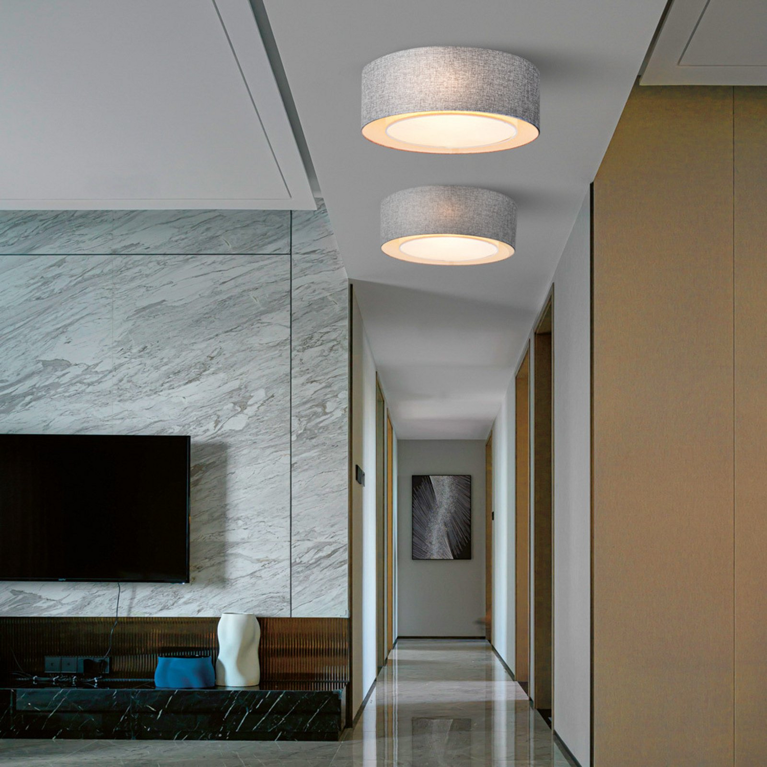 B-Ware Maytoni Deckenleuchte Lampe Bergamo Grau Weiß Leinen Rundleuchte ø 52 Cm