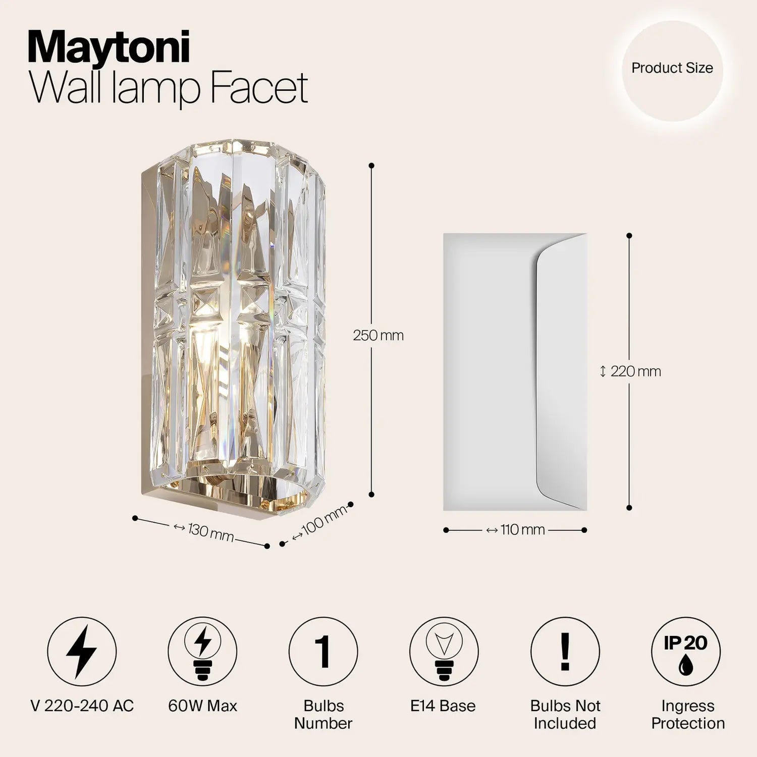 B-Ware Maytoni Wandleuchte Wandlampe Facet Glas Metall E14 H25cm Gold Transparent - 4251110099699