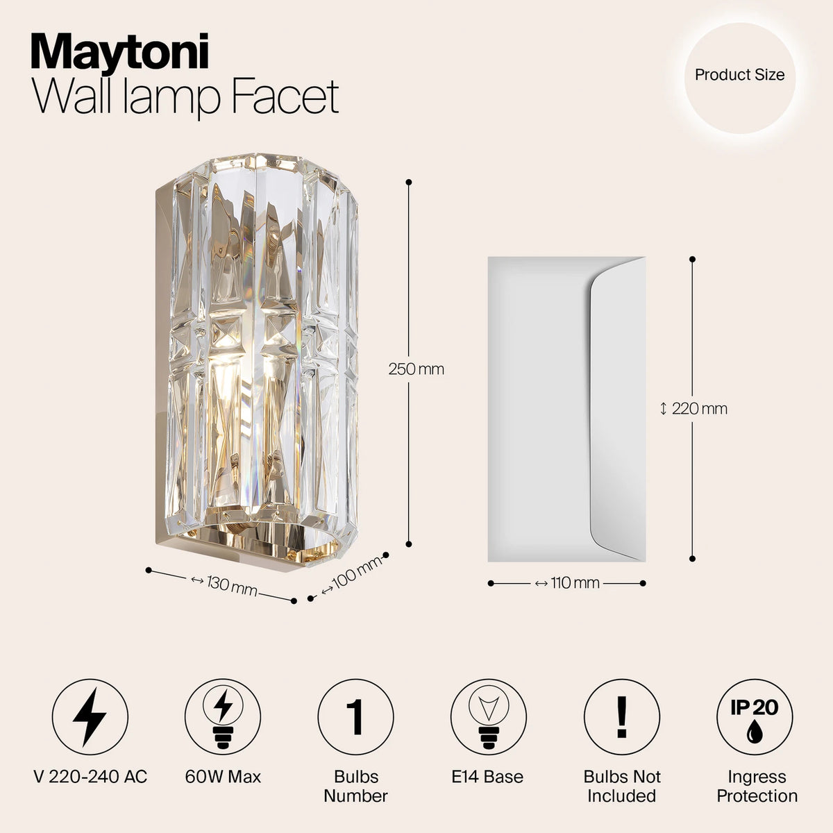 Maytoni Wandleuchte Wandlampe Facet Glas Metall E14 H25cm gold transparent - 4251110099699