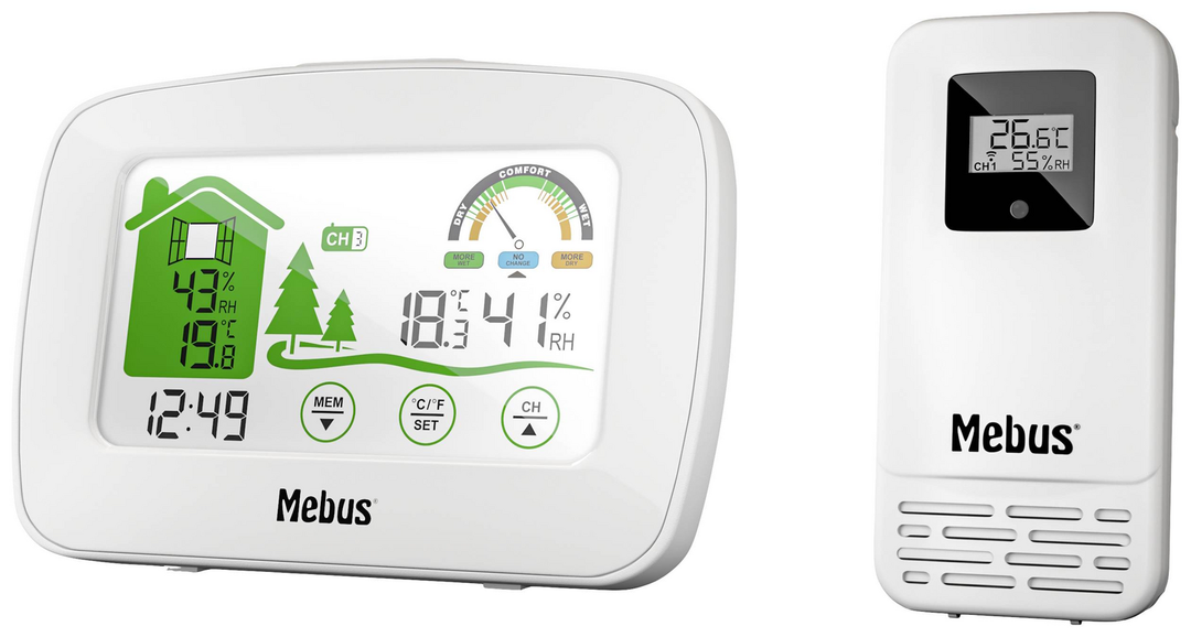 Mebus Funk Wetterstation Anzeige Digital Hygrometer Weiß Innen Außen Temperatur  B-Ware - 4007218110381