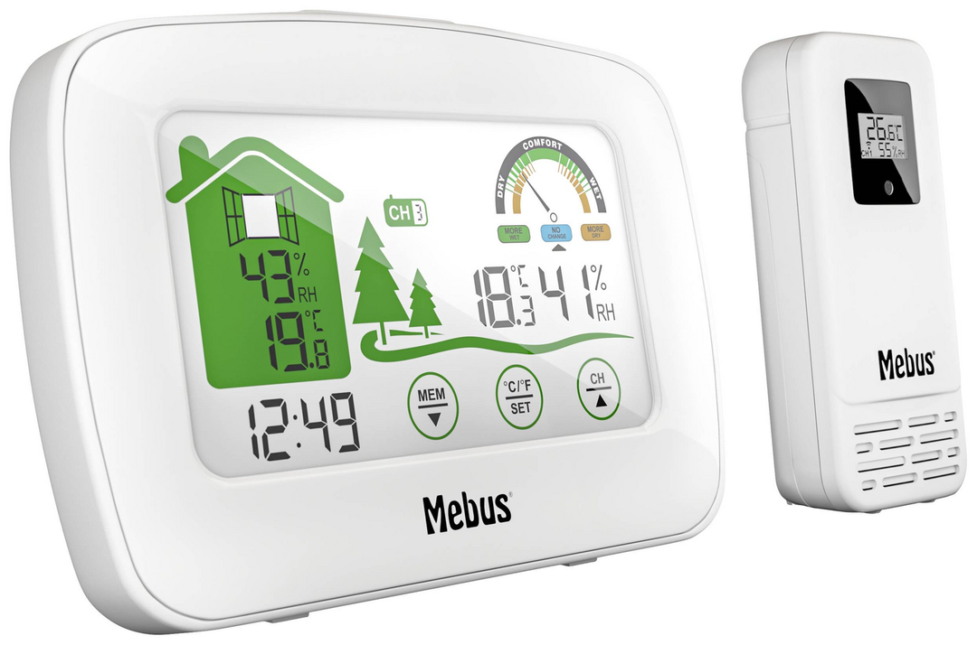 Mebus Funk Wetterstation Anzeige Digital Hygrometer Weiß Innen Außen Temperatur  B-Ware - 4007218110381