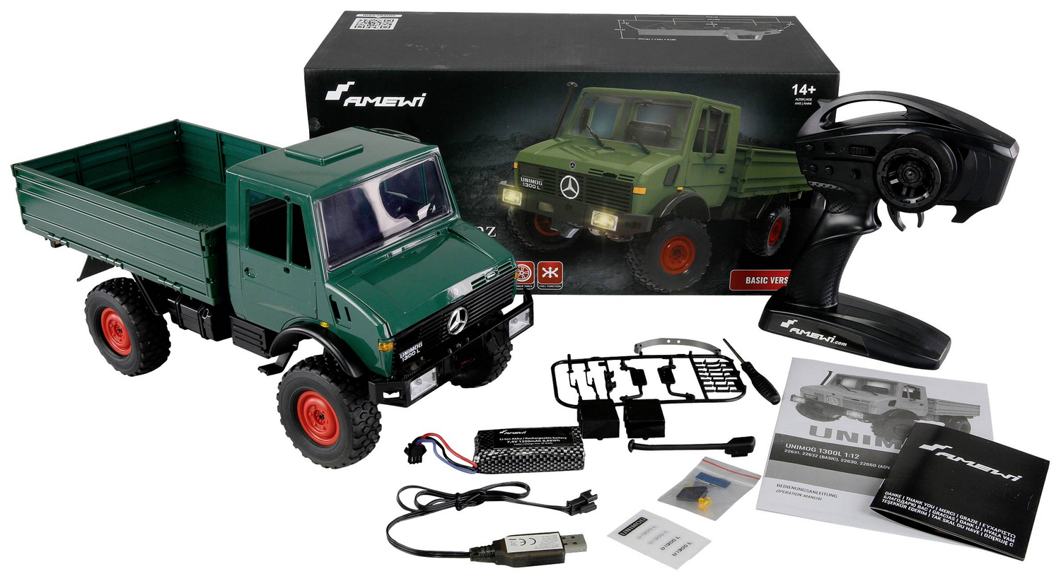 Amewi 22632 Unimog Basic Vert 1:12 Camion radiocommandé électrique Modèle réduit de voiture Modèle réduit de camion B-Stock
