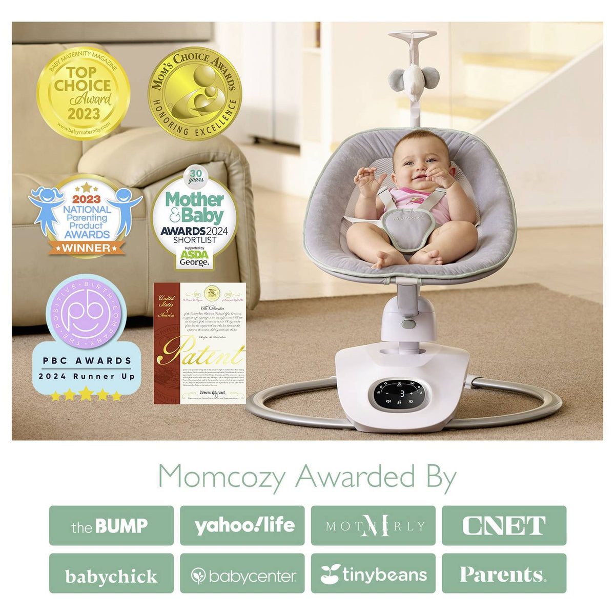 momcozy Babyschaukel Babywippe 3D Swing grau drehbar 5 Punkt Gurt Fernbedienung - 0810123508969