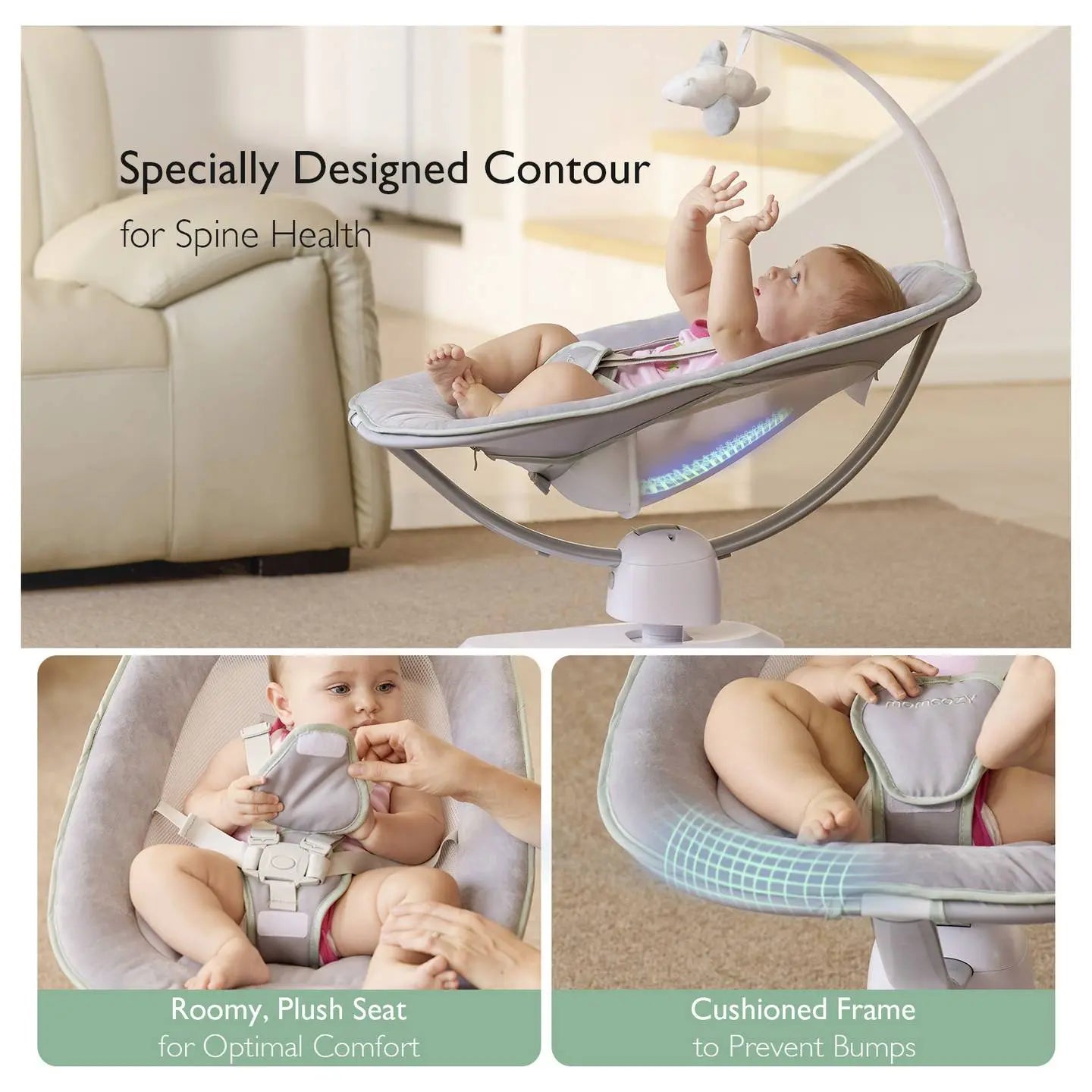 B-Ware Momcozy Babyschaukel Babywippe 3 D Swing Grau Drehbar 5 Punkt Gurt Fernbedienung - 810123508969