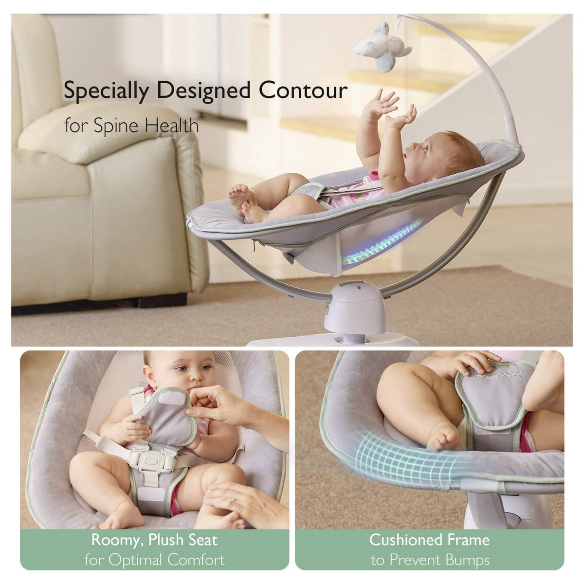 momcozy Babyschaukel Babywippe 3D Swing grau drehbar 5 Punkt Gurt Fernbedienung - 0810123508969