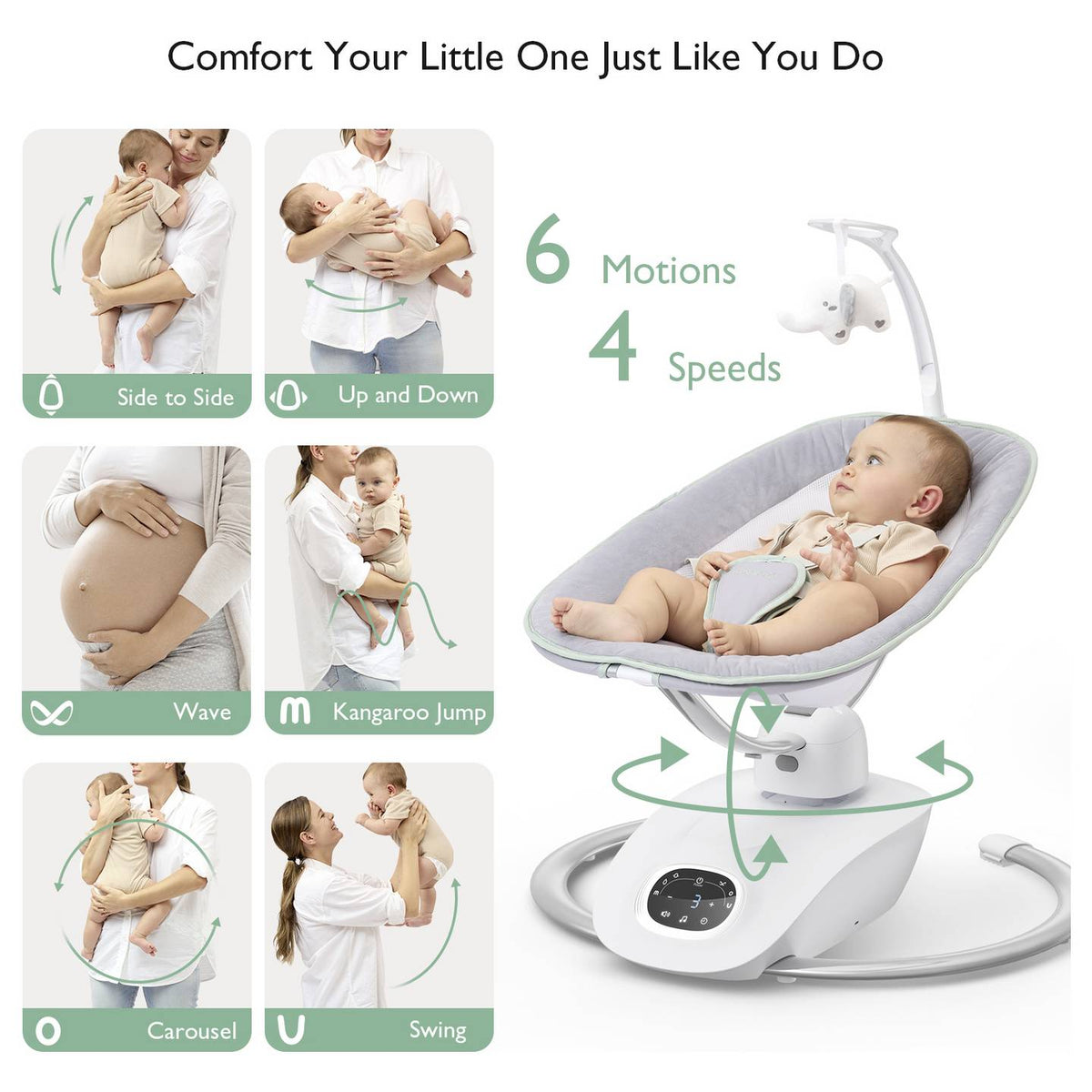 momcozy Babyschaukel Babywippe 3D Swing grau drehbar 5 Punkt Gurt Fernbedienung - 0810123508969