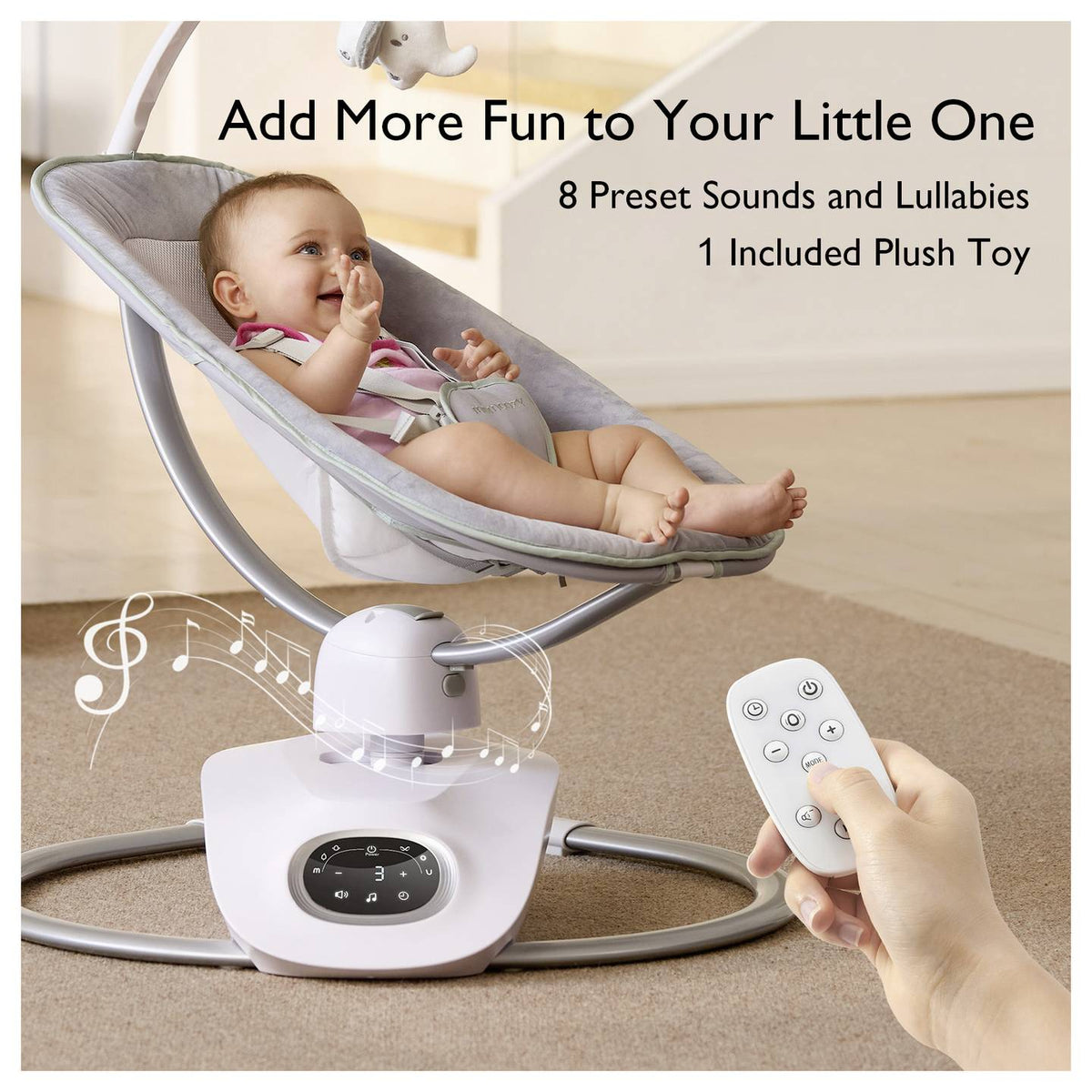 momcozy Babyschaukel Babywippe 3D Swing grau drehbar 5 Punkt Gurt Fernbedienung - 0810123508969