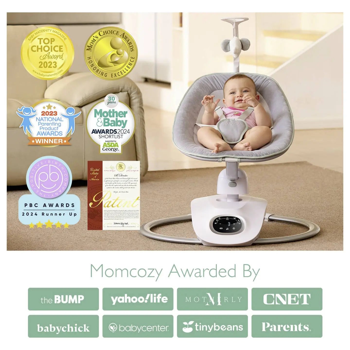 B-Ware Momcozy Babyschaukel Babywippe 3 D Swing Grau Drehbar 5 Punkt Gurt Fernbedienung - 810123508969