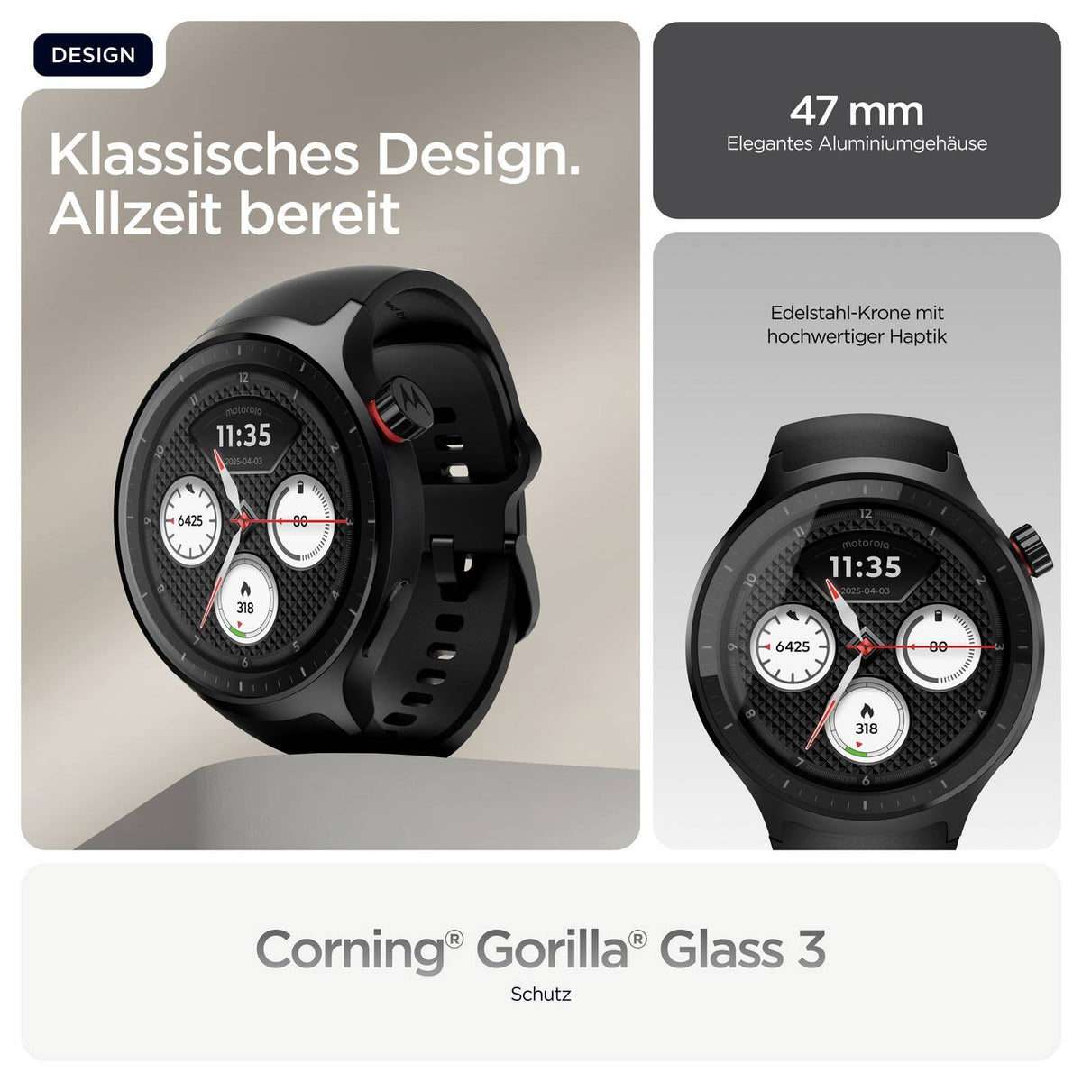 Motorola Smartwatch Uhr Moto Watch Basic Schwarz Silikonarmband AlwaysOn Display - 0840493615073