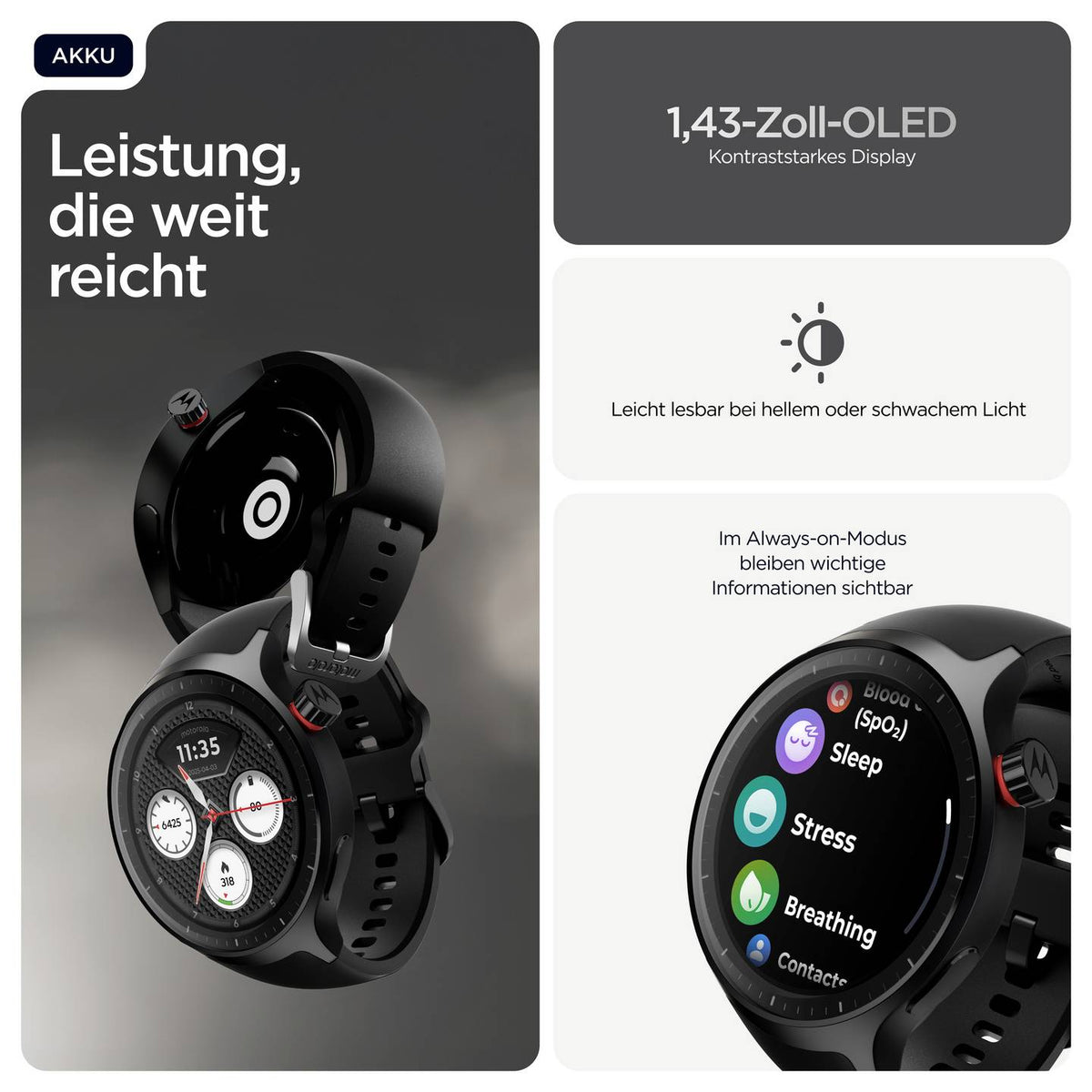 Motorola Smartwatch Uhr Moto Watch Basic Schwarz Silikonarmband AlwaysOn Display - 0840493615073