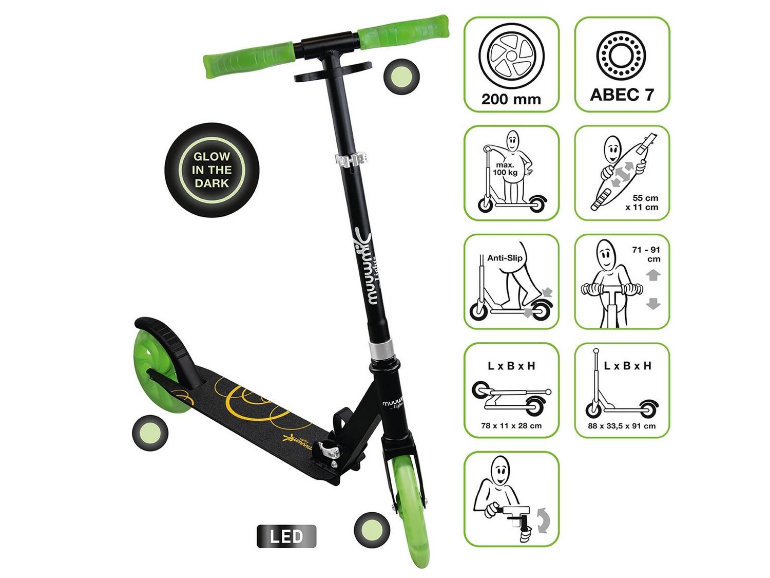 B-Ware Muuwmi Aluminium Scooter Tretroller Roller Abec 7 Höhenverstellbar Led341