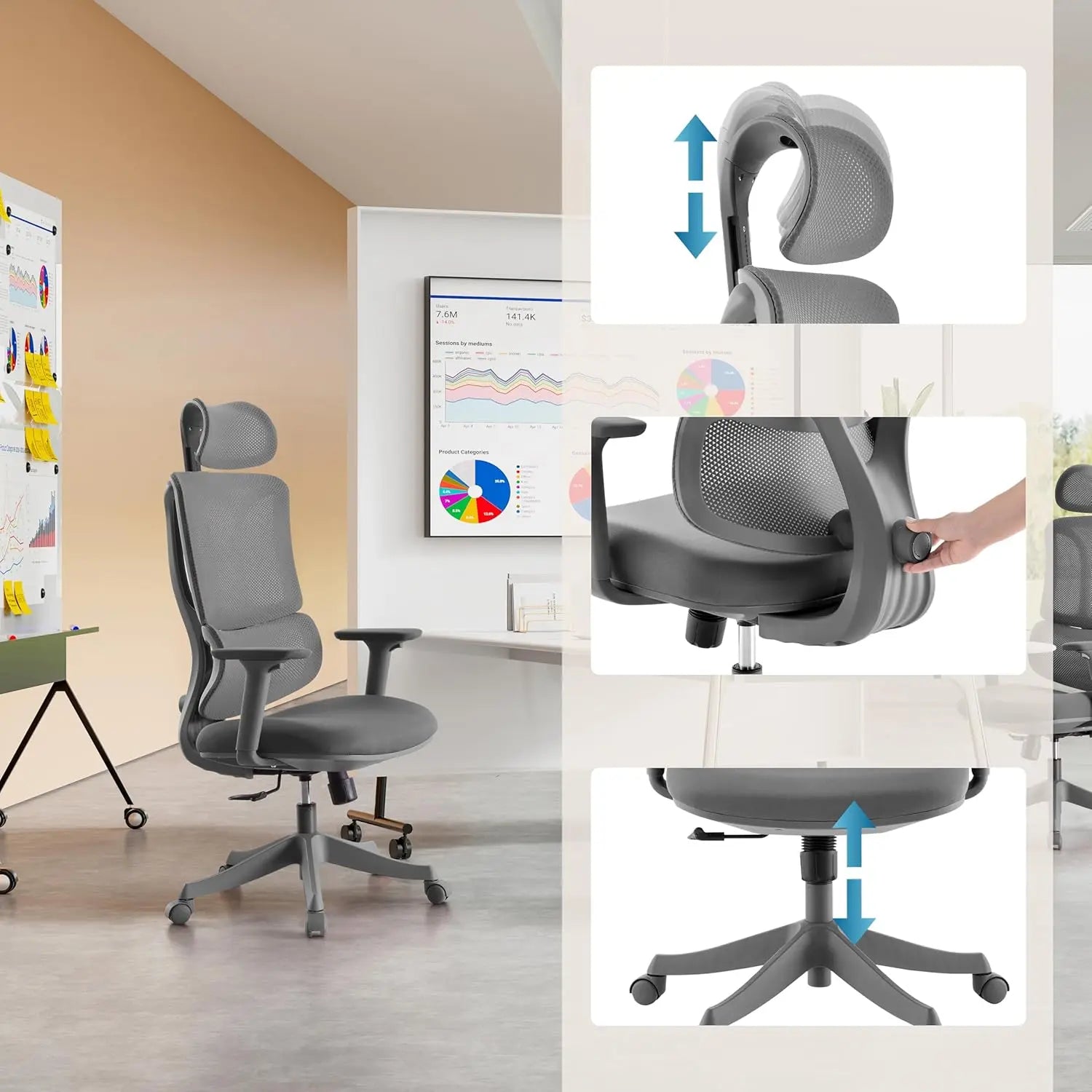 B-Ware My Buero Bürostuhl Drehstuhl Ergomy Colore Rückenlehne Lordosenstütze Grau628 - 4064323108252