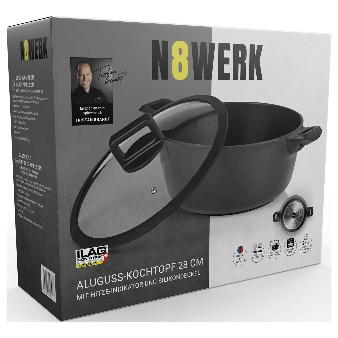 B-Ware N8 Werk Kochtopf Topf N8werk Aluguss Schwarz Antihaftbeschichtung Herd Glasdeckel - 4052926027087