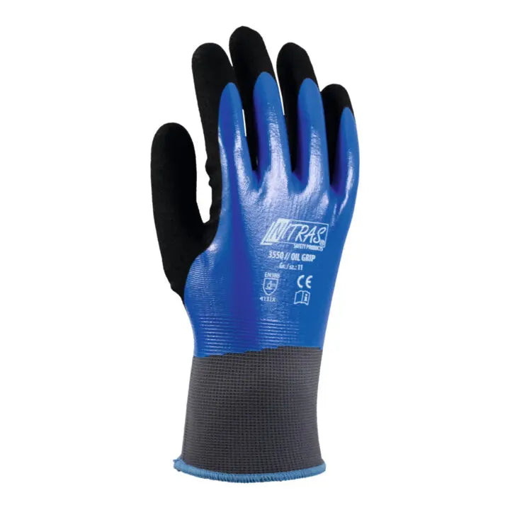 B-Ware Nitras Mehrzweck Arbeitshandschuh Oil Grip Schwarz Blau Größe 10 Nylon 2 Paar - 4059904037397