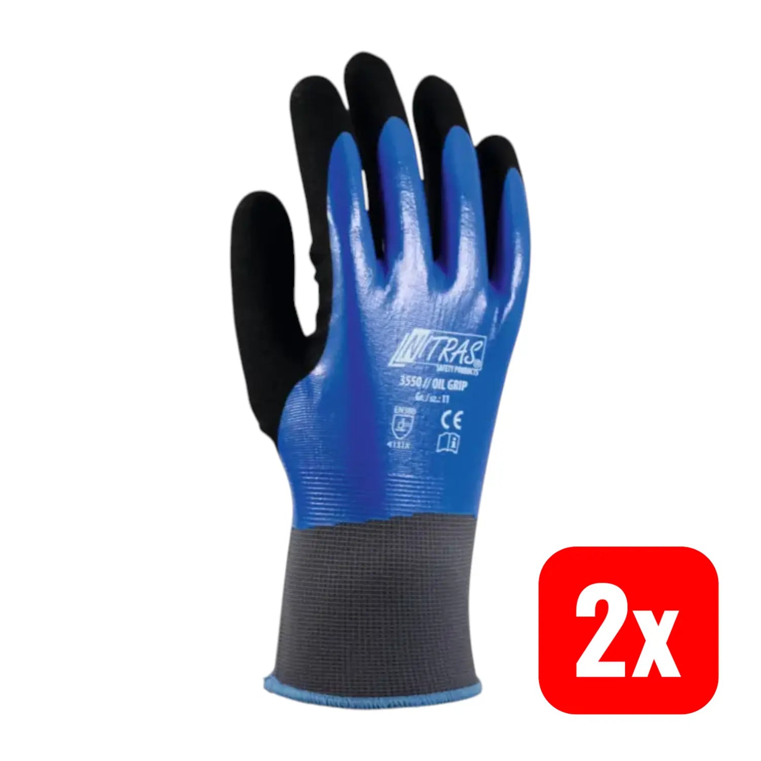 B-Ware Nitras Mehrzweck Arbeitshandschuh Oil Grip Schwarz Blau Größe 10 Nylon 2 Paar - 4059904037397