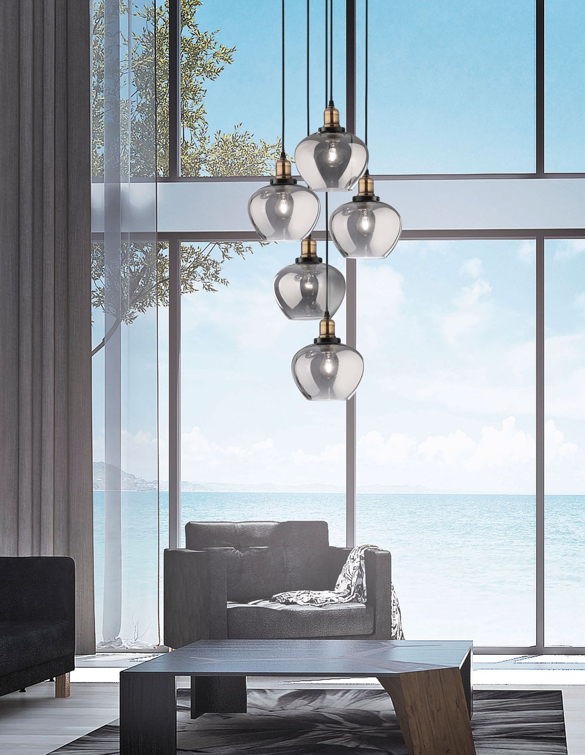 Nova Luce Pendelleuchte Hängeleuchte CEDRO E27 LED Schwarz Glas dimmbar 5-fach - 5212017407542