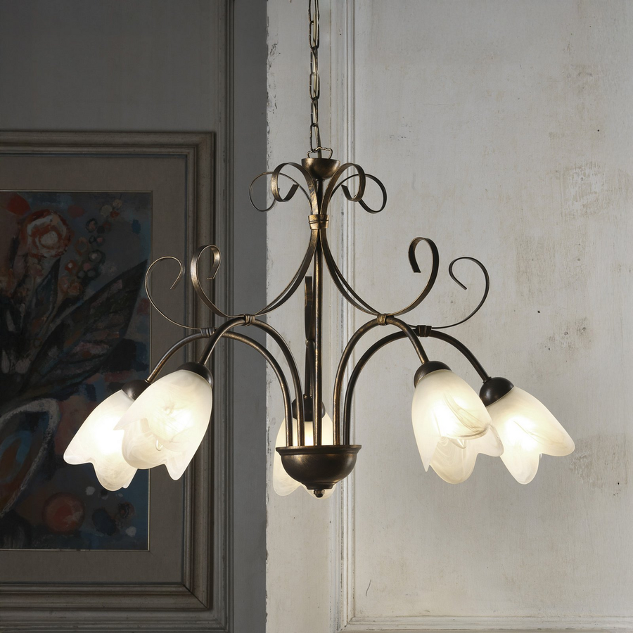 Onli Hängeleuchte Lampe Odino Bronzefarben Metall Glas Fünfflammig E14 Dimmbar B-Ware - 8030626545991