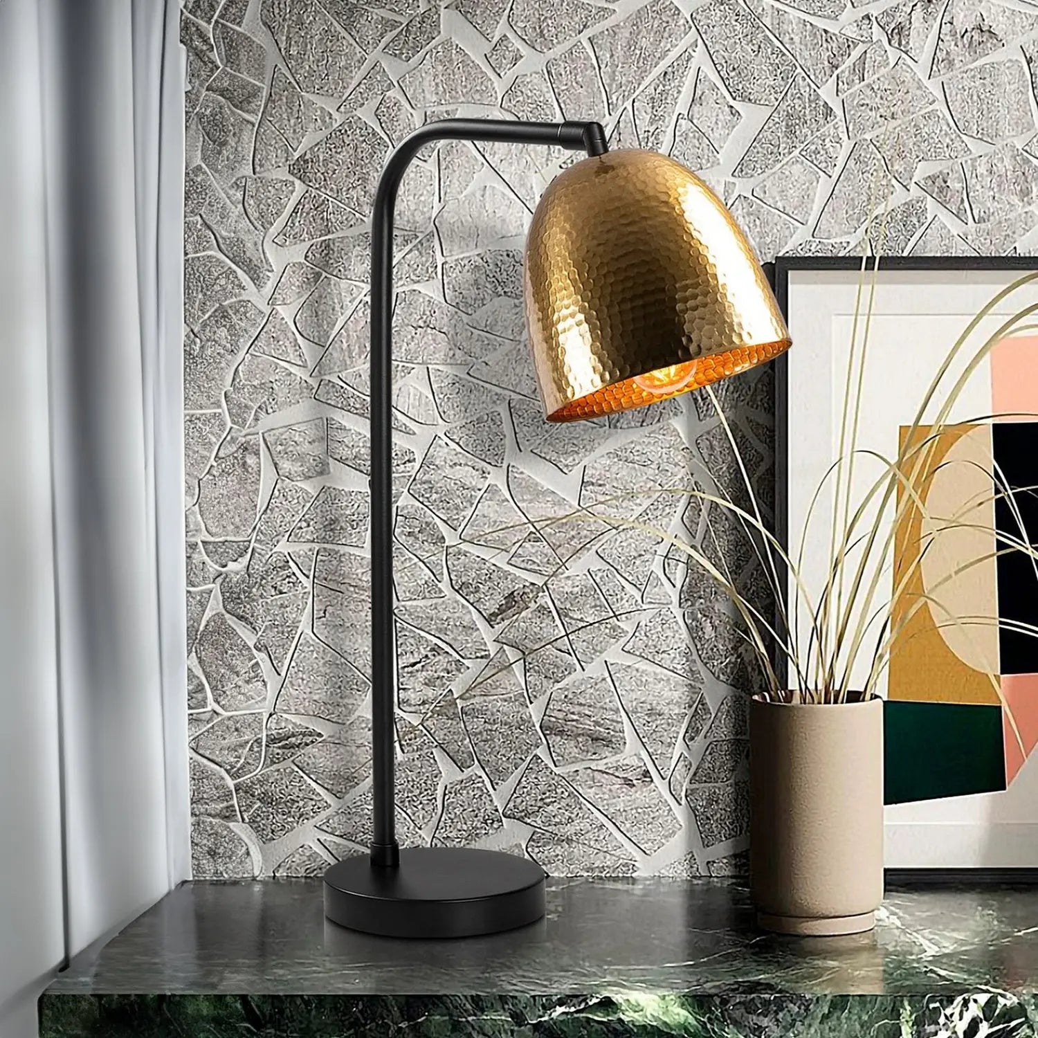 B-Ware Opviq Tischleuchte Lampe Tattoo 5031 Gold Patiniert Metall Schwarz 52 Cm E27 - 8682870815933