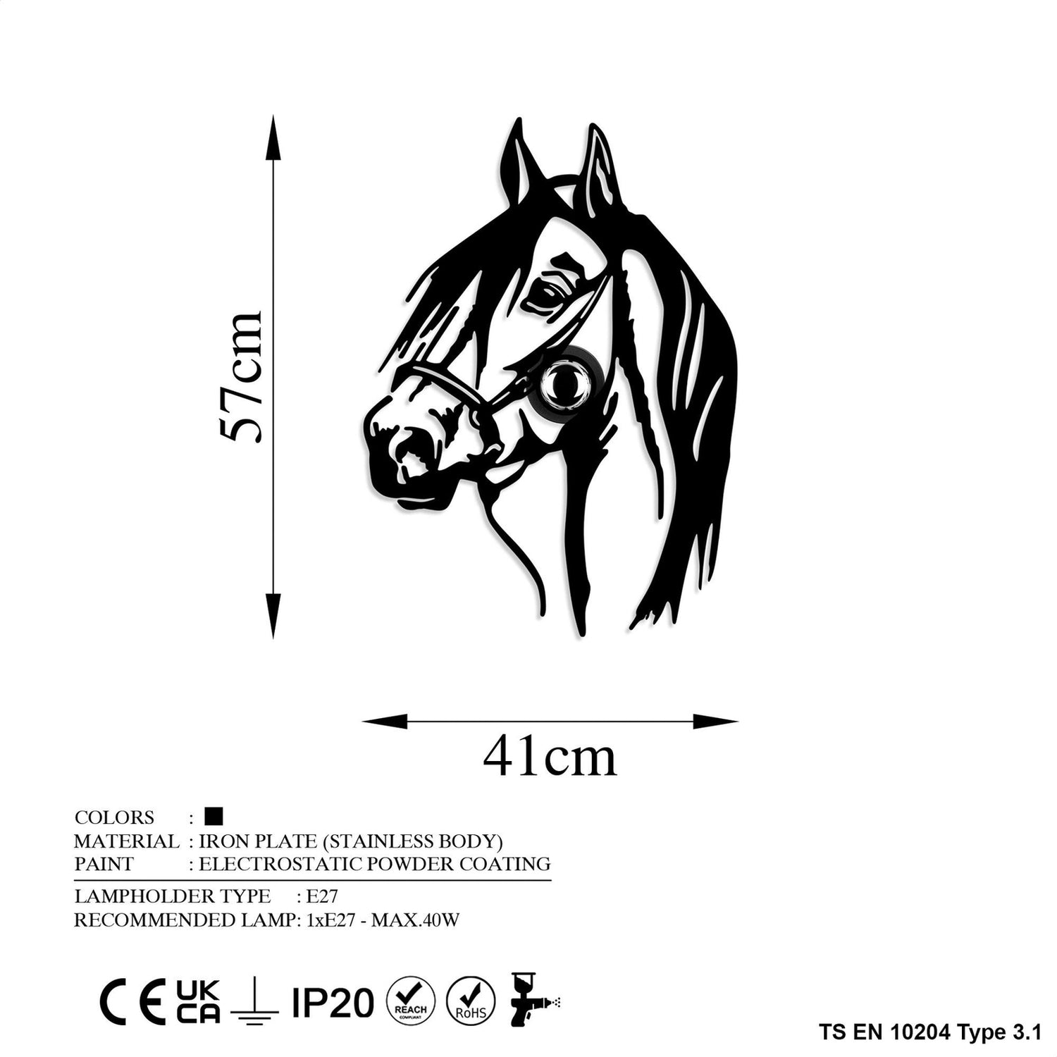 B-Ware Opviq Horse Wandleuchte Lampe Metall Schwarz Steckerkabel 57 X 41 Cm