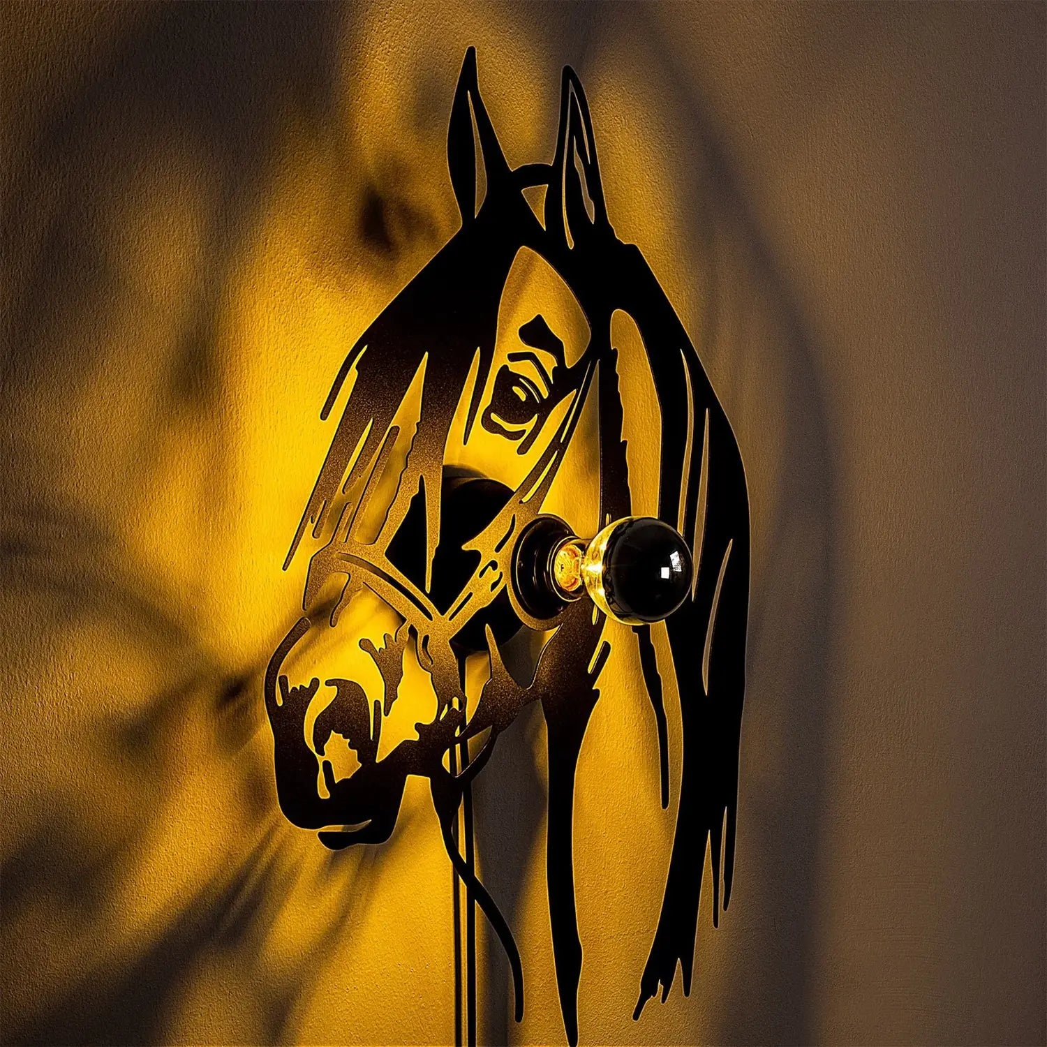 B-Ware Opviq Horse Wandleuchte Lampe Metall Schwarz Steckerkabel 57 X 41 Cm