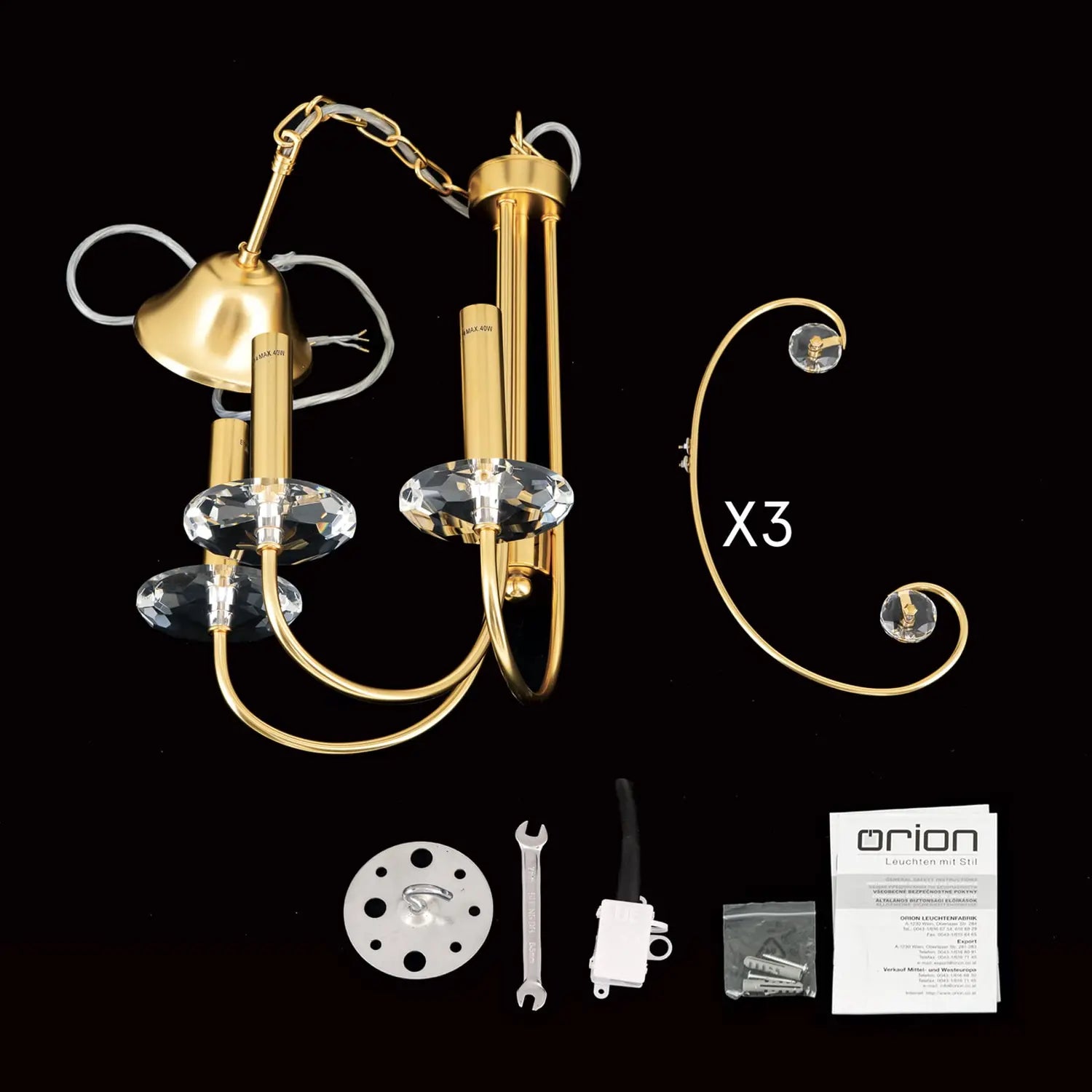 B-Ware Orion Kronleuchter Deckenleuchte Ariane Kristall Lampe Goldfarben 3 Flammig 50cm - 9003090276851