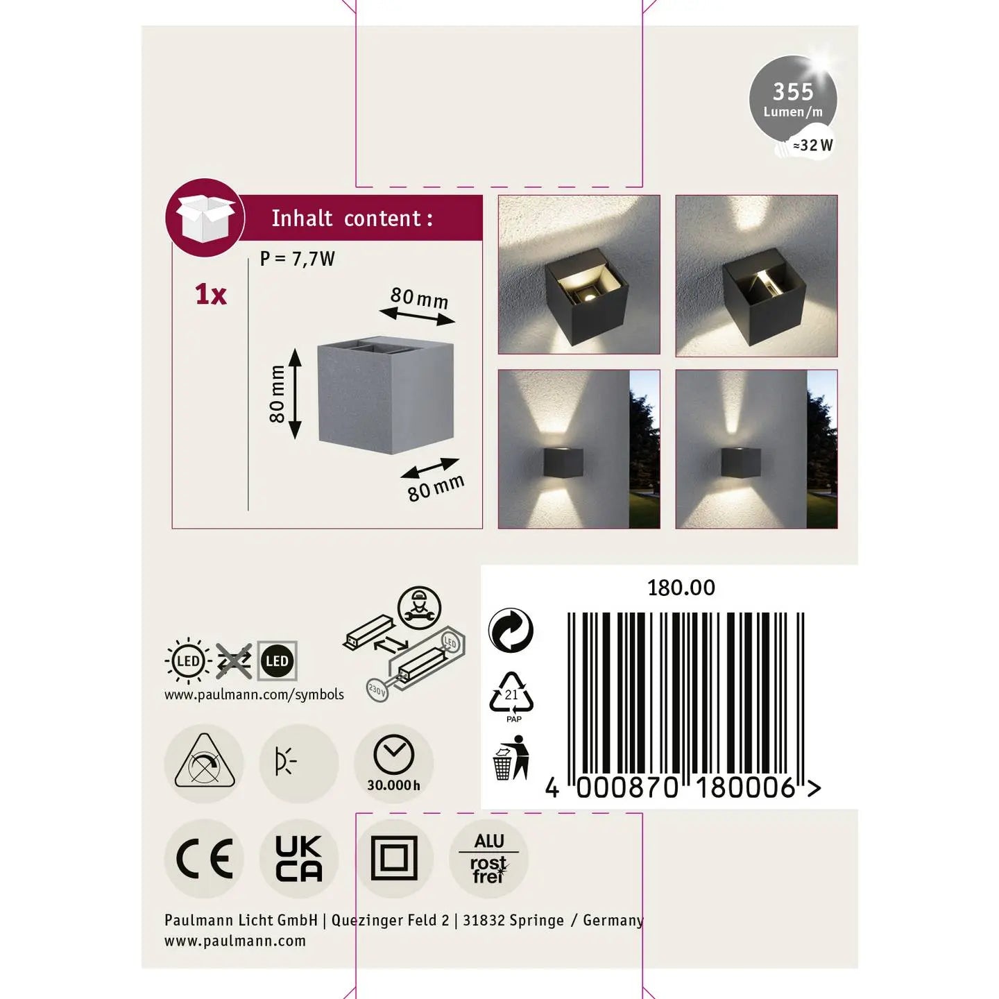 B-Ware Paulmann Cybo Led Außenwandleuchte Gartenleuchte Terrassenleuchte Garagenleuchte - 4000870180006
