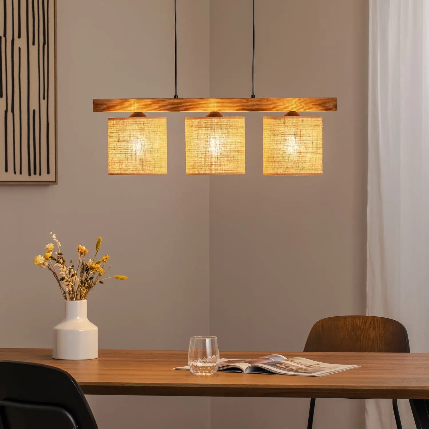 B-Ware Pendellampe Hängelampe Forest Holz Hellbraun Jute Natur 3 Flammig E27 Led Lampe - 5903240292301