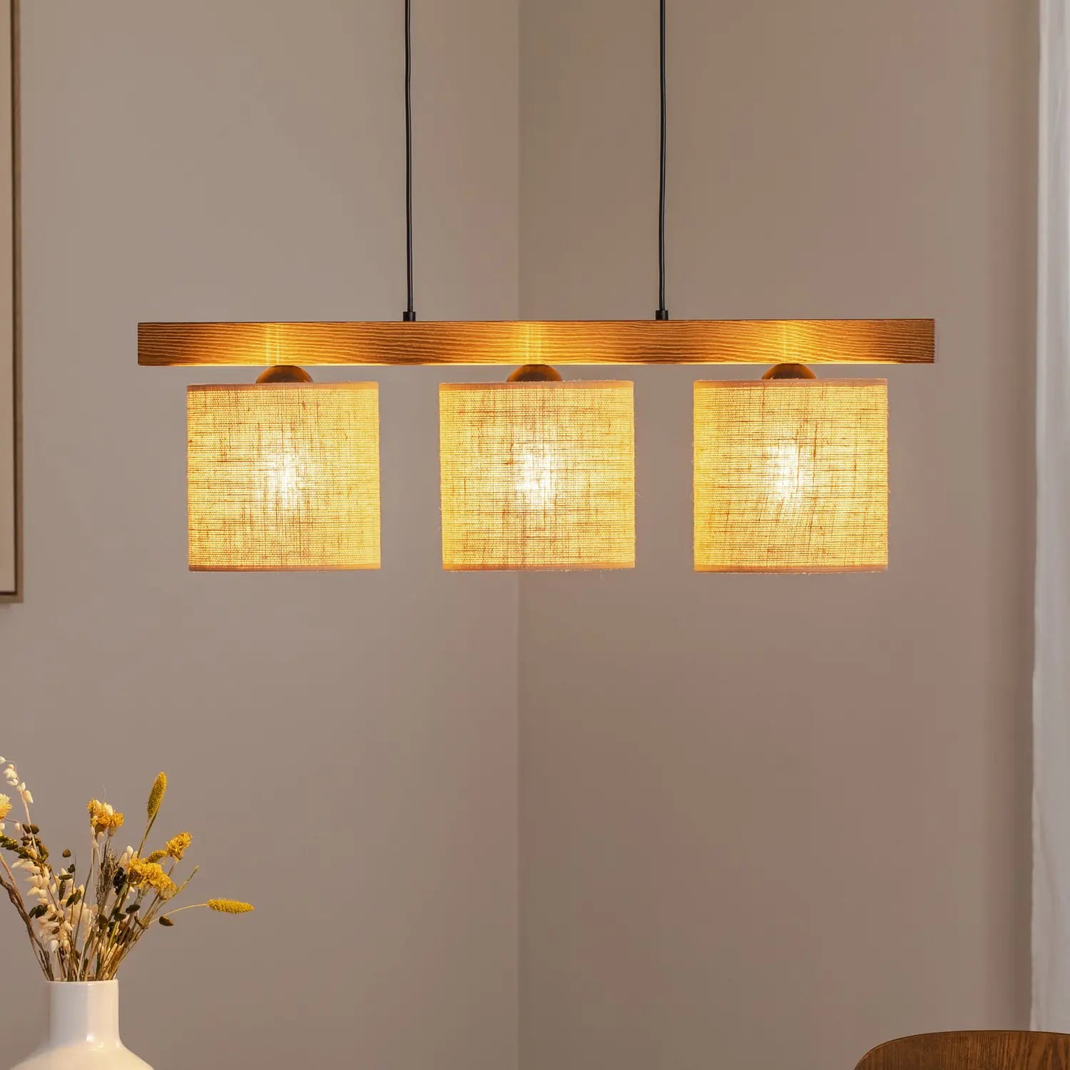 B-Ware Pendellampe Hängelampe Forest Holz Hellbraun Jute Natur 3 Flammig E27 Led Lampe - 5903240292301