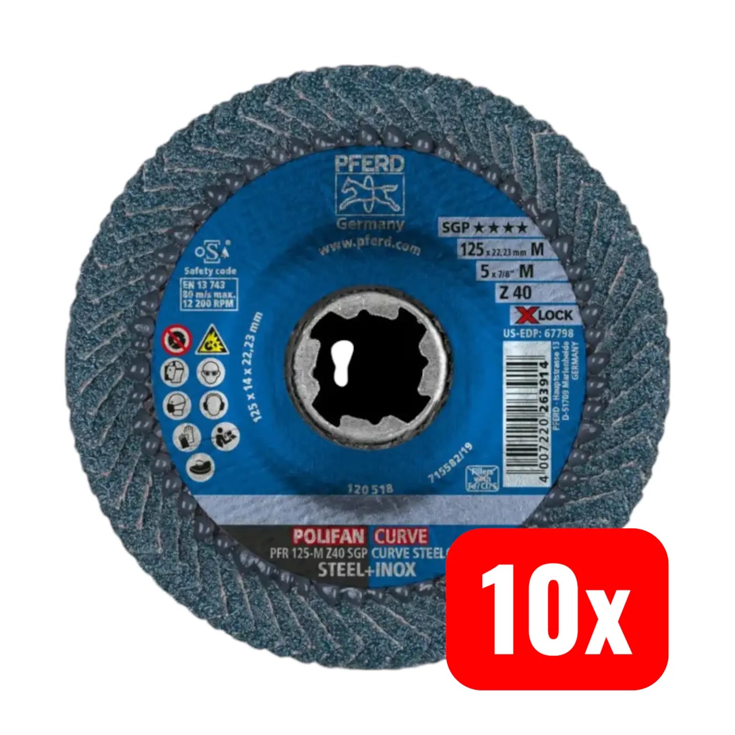 B-Ware Pferd Fächerschleifscheibe Schleifblatt Xlock Stahl 125mm K40 Mittel 10 Stück - 4007220113790