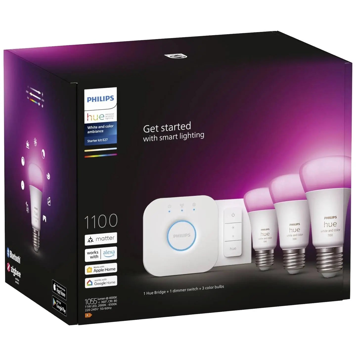 B-Ware Philips Hue Led 3er E27 Lampe Starterset Weiß Color Bridge Dimmschalter Set - 8719514291355
