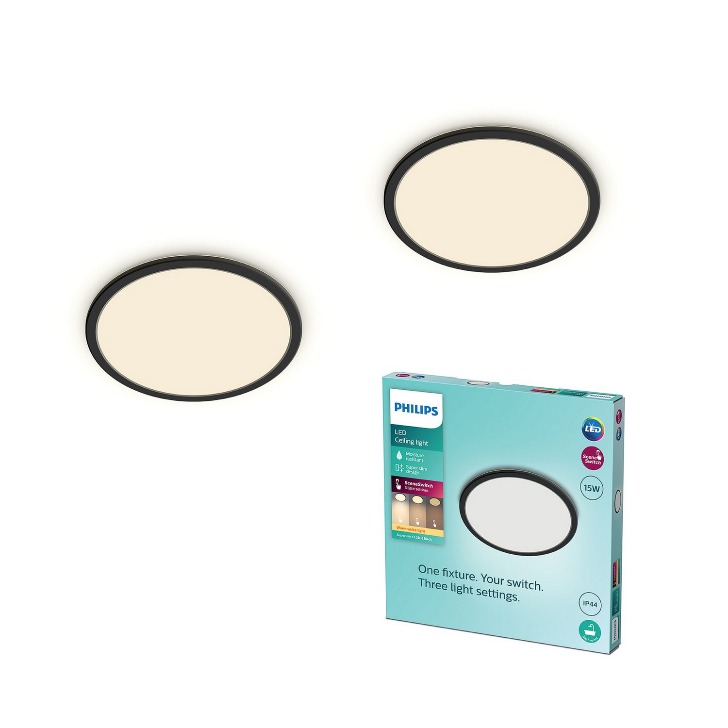 B-Ware Philips Led Super Slim 2er Set Deckenleuchte Lampe Schwarz Ip44 2 Sets - 8721103042781