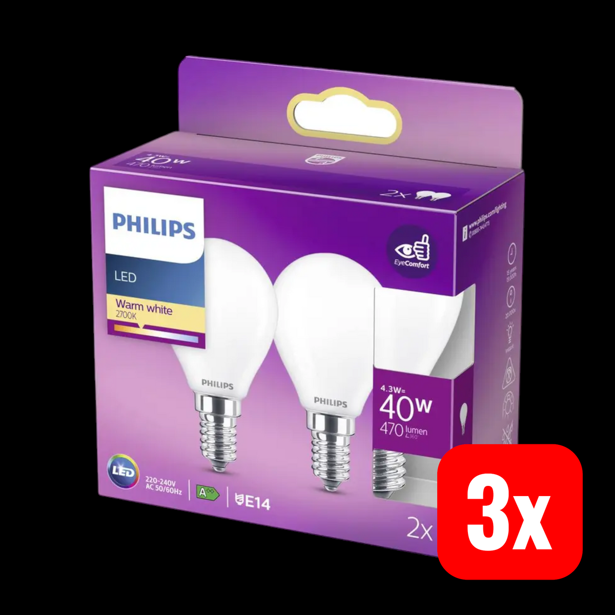 Philips LED Lampe Glühbirne E14 Tropfenform Warmweiß 4,3 W Weiß 2er-Pack 3 SETS - 8718699777715