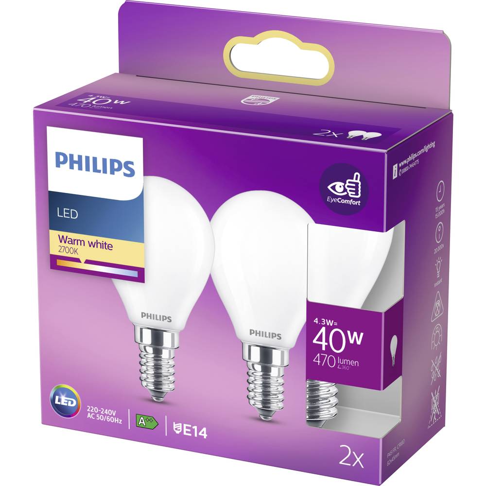 Philips LED Lampe Glühbirne E14 Tropfenform Warmweiß 4,3 W Weiß 2er-Pack 3 SETS - 8718699777715
