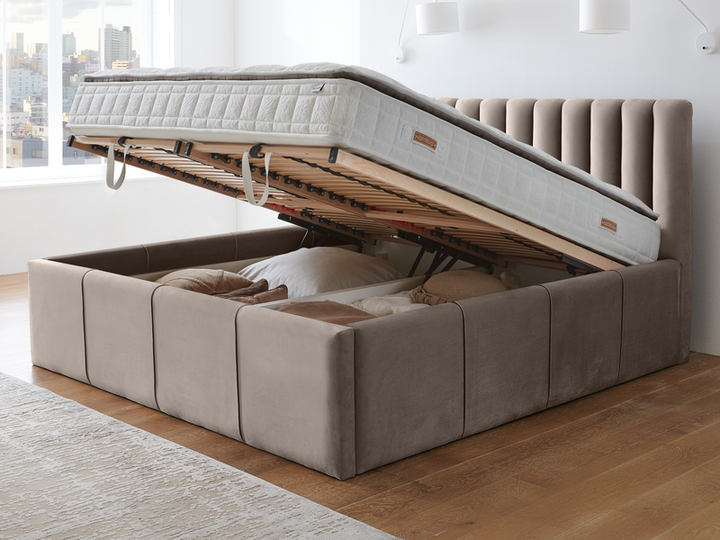 Polsterbett Großer Stauraum 140x200 Cm Taupe Bett Samt Matt Ohne Matratze B-Ware - 1