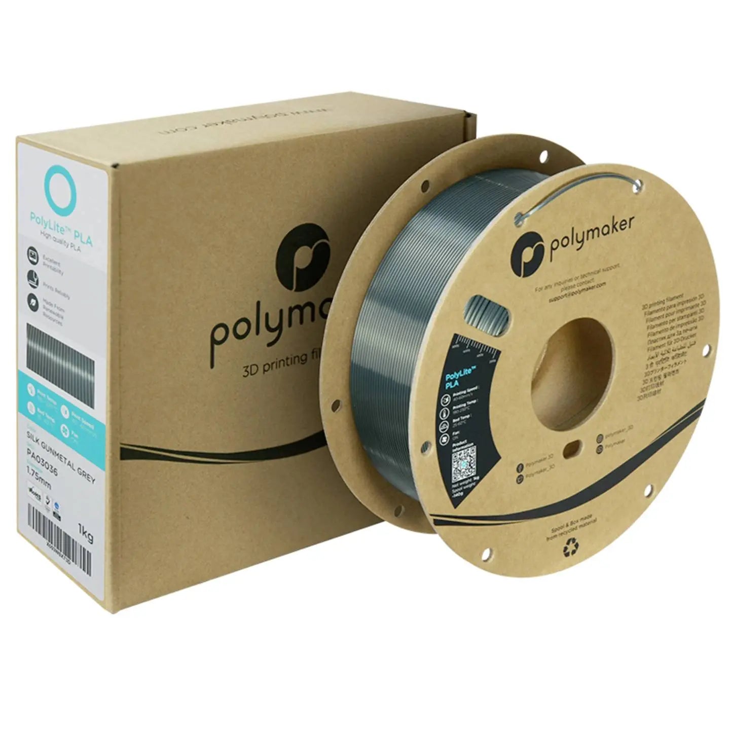 B-Ware Polymaker Filament 3 D Druckmaterial Pla 1,75mm Seide Poly Lite Gun Metal Gray 1kg - 6938936713906