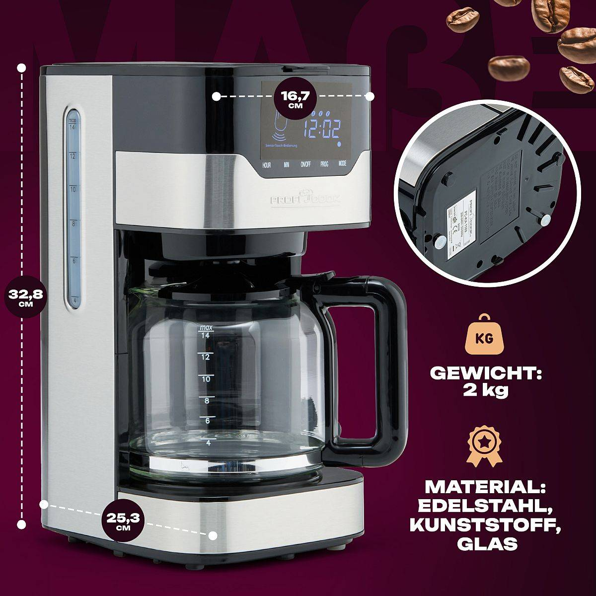 B-Ware Profi Cook Pc Ka 1169 Kaffeemaschine Edelstahl Schwarz Glaskanne 1,5 L - 4006160011692