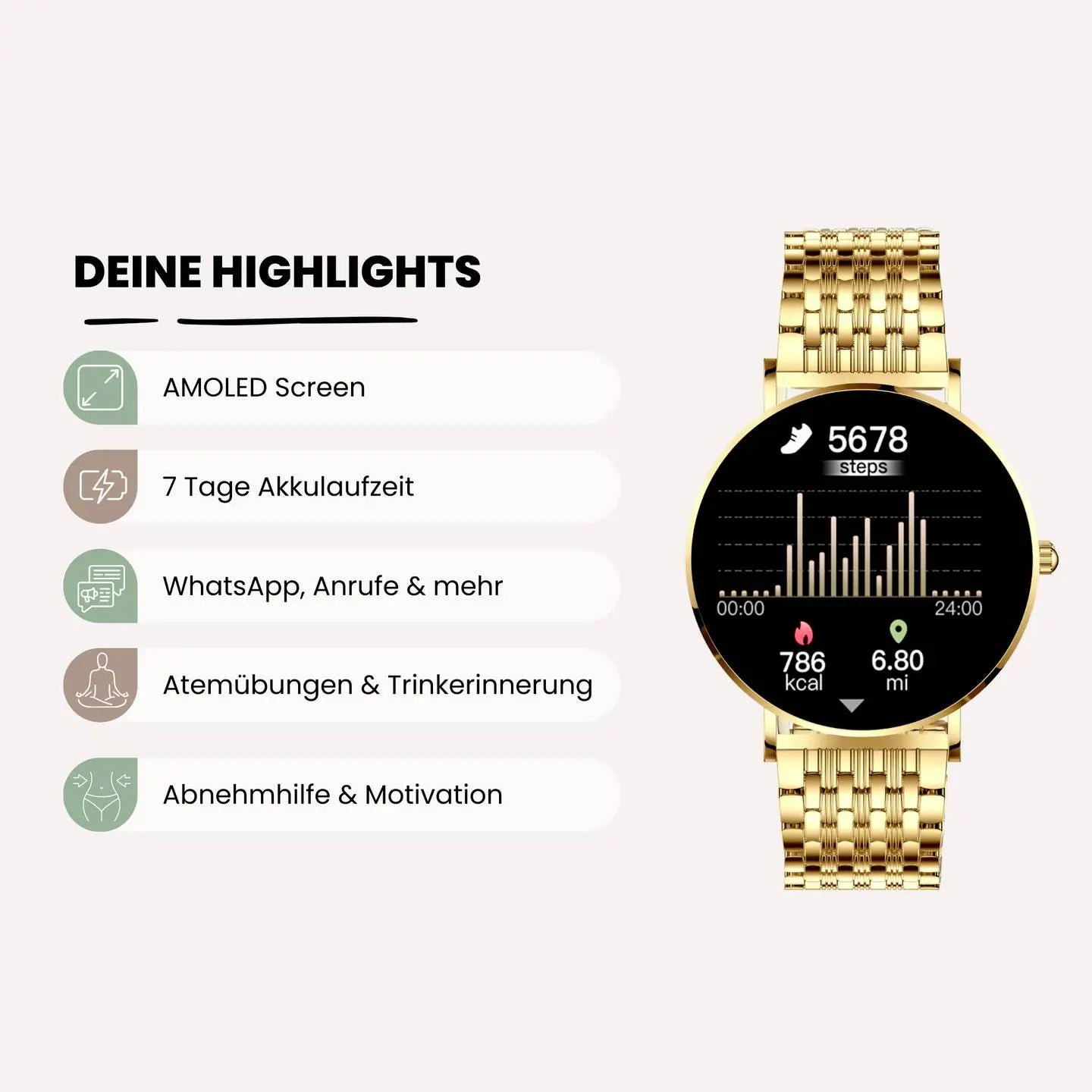 B-Ware Xcoast Siona 2 Smartwatch Uhr Fitnessuhr Gold Damen Fitness Tracker - 4260449576962