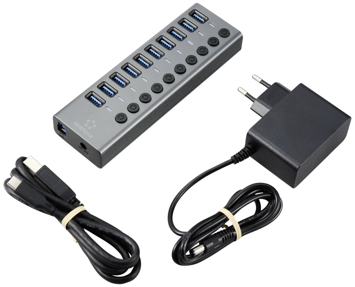 Renkforce RF-6027504 10 Port USB 3.2 Gen2-Hub einzeln schaltbar Aluminiumgehäuse - 4064161313023