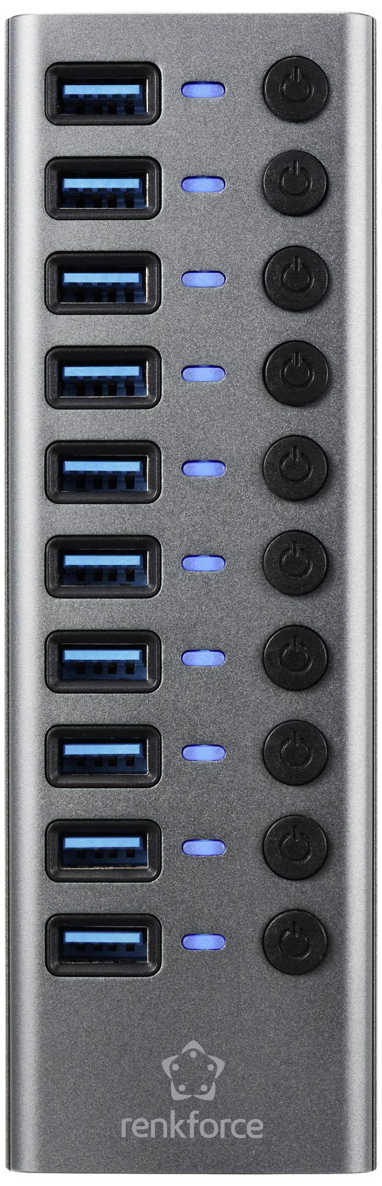 Renkforce RF-6027504 10 Port USB 3.2 Gen2-Hub einzeln schaltbar Aluminiumgehäuse - 4064161313023
