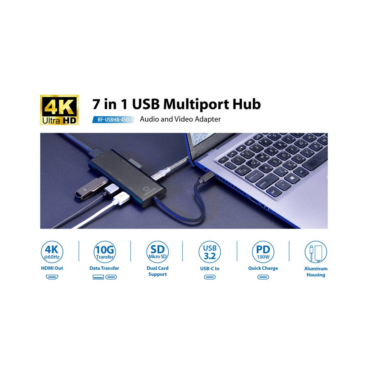 RENKFORCE Dockingstation 7in1 Adapter USB-C Hub Kartenleser USB-A HDMI Schwarz - 4064161398068