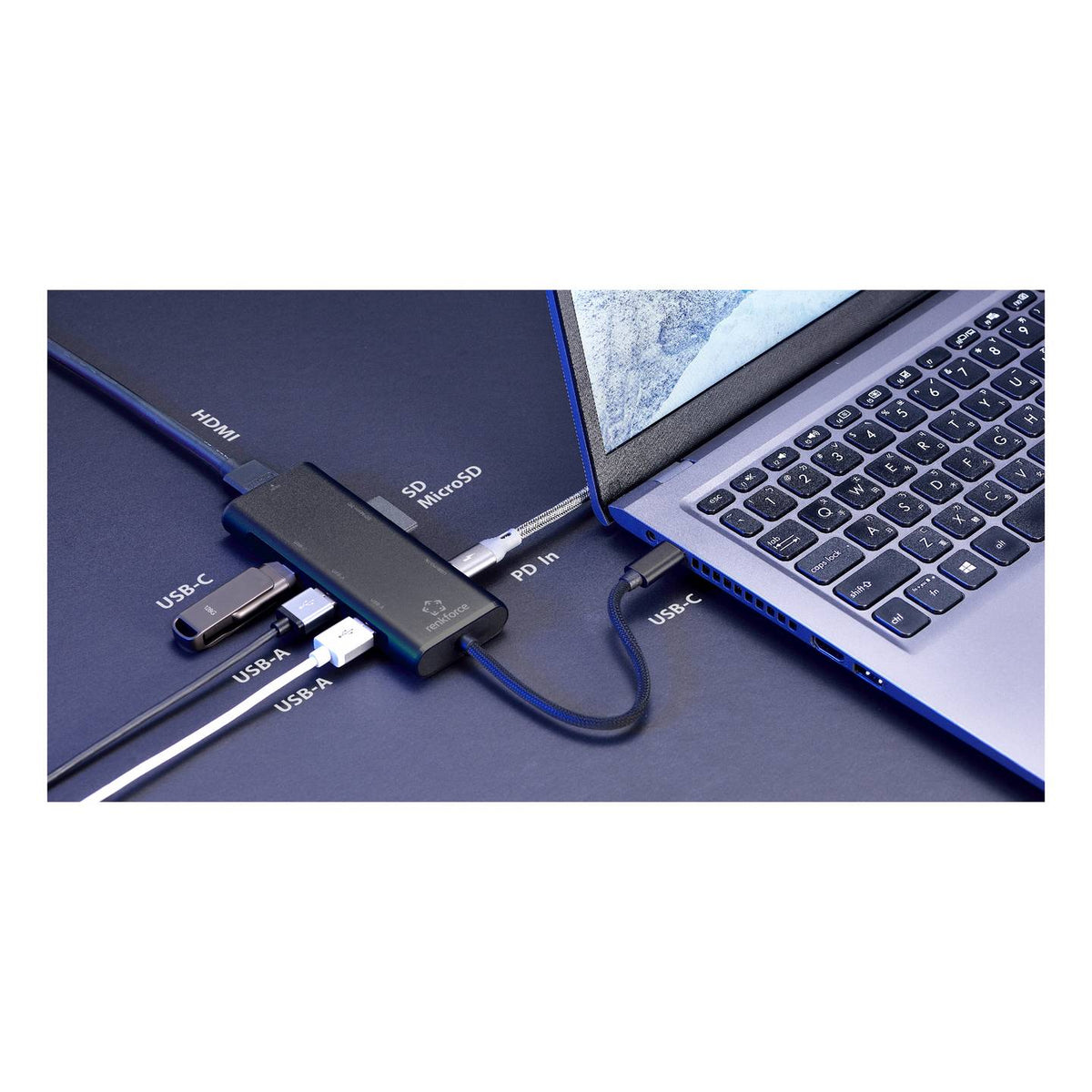 RENKFORCE Dockingstation 7in1 Adapter USB-C Hub Kartenleser USB-A HDMI Schwarz - 4064161398068