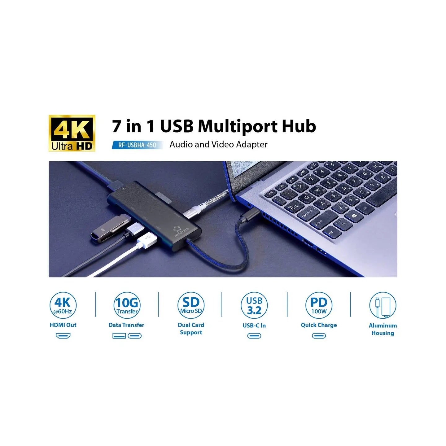 B-Ware Renkforce Dockingstation 7in1 Adapter Usb C Hub Kartenleser Usb A Hdmi Schwarz - 4064161398068