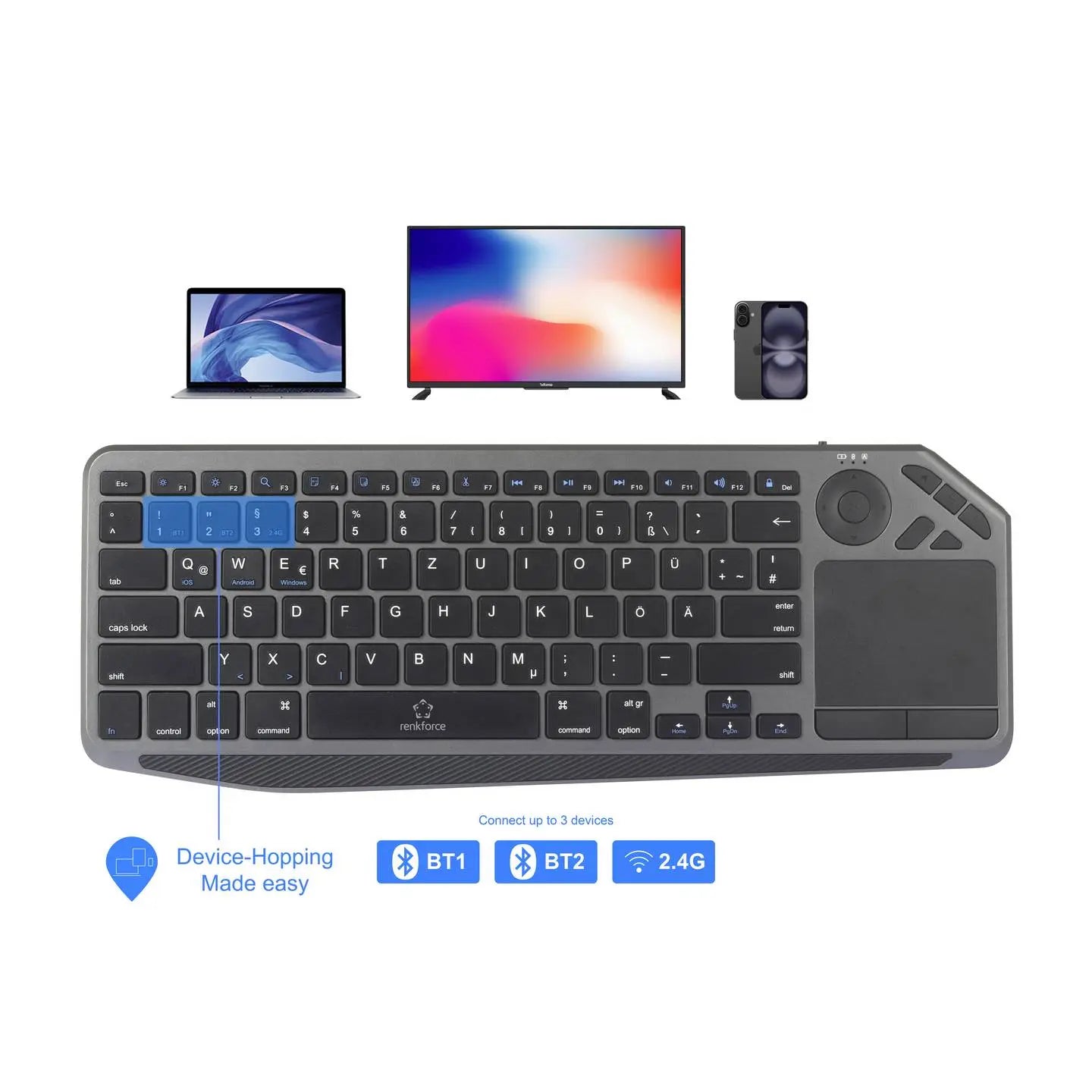 B-Ware Renkforce Tastatur Keyboard Bluetooth Funk Qwertz Schwarz Integriertes Touchpad