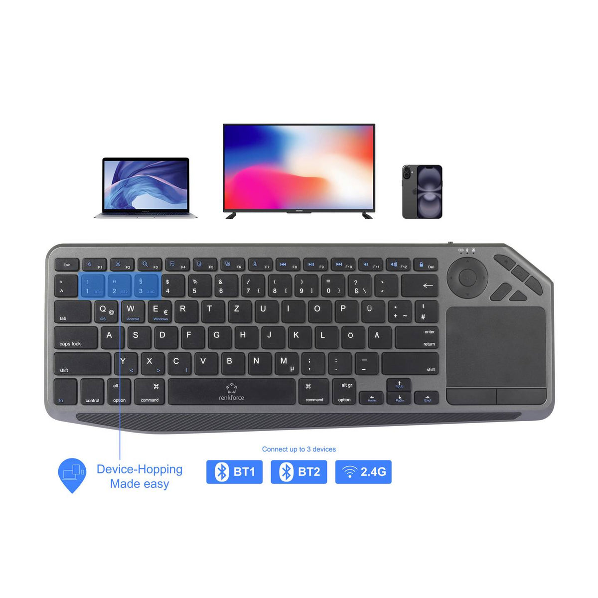 Renkforce Tastatur Keyboard Bluetooth Funk QWERTZ Schwarz Integriertes Touchpad - 4064161472133
