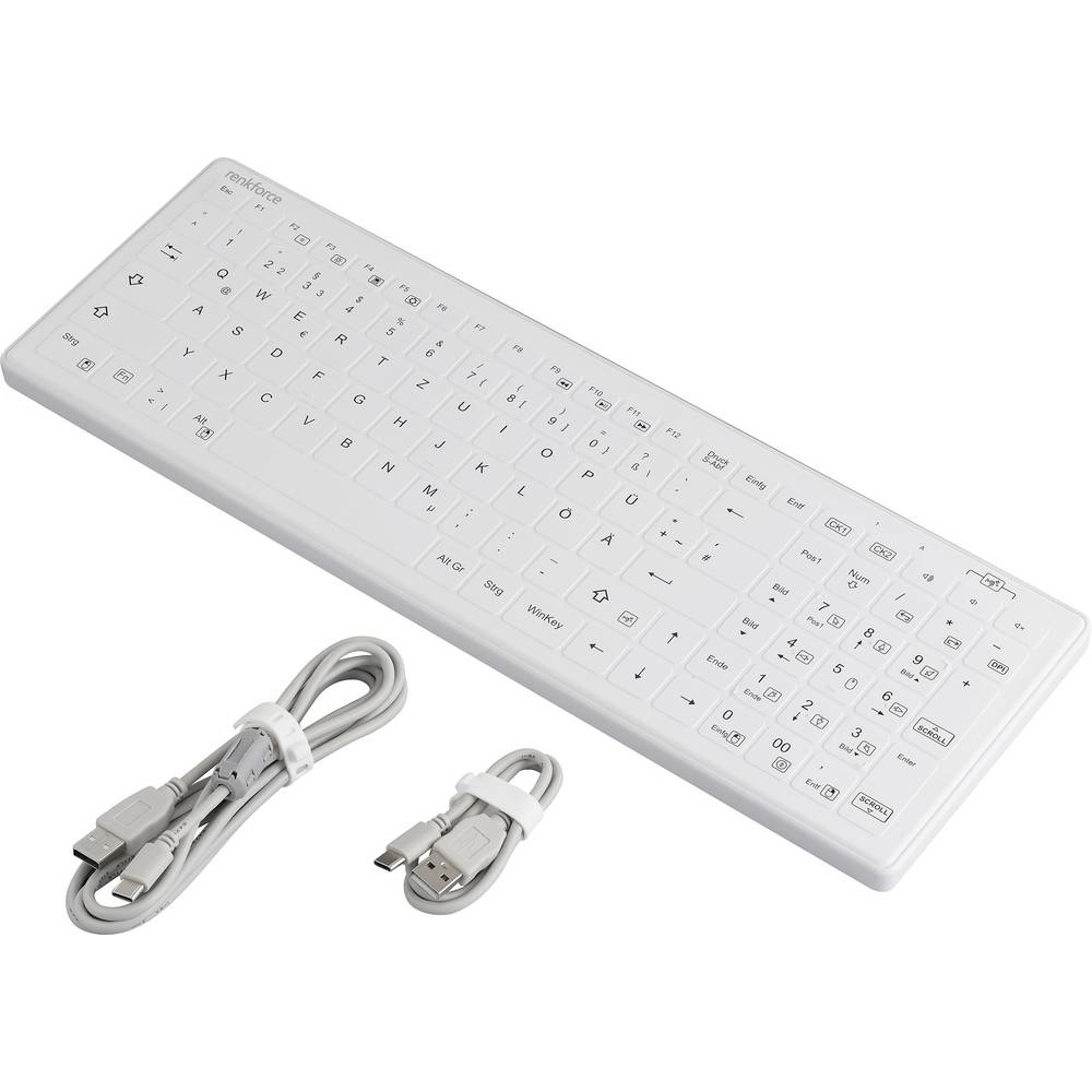 Renkforce Tastatur Keyboard USB Hygiene QWERTZ Weiß Silikonmembran Kabel - 4064161338002