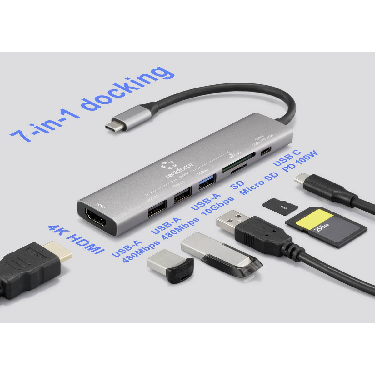 RENKFORCE USB-C Dockingstation Hub Universal Kartenleser HDMI Grau 4 STÜCK - 4064161475073